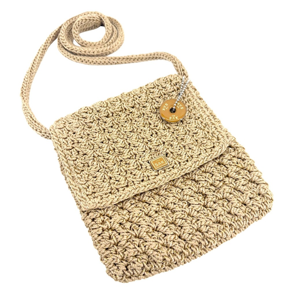 The Sak Crochet Crossbody Bag Women Small Tan Gold Metallic Knit Flap Purse